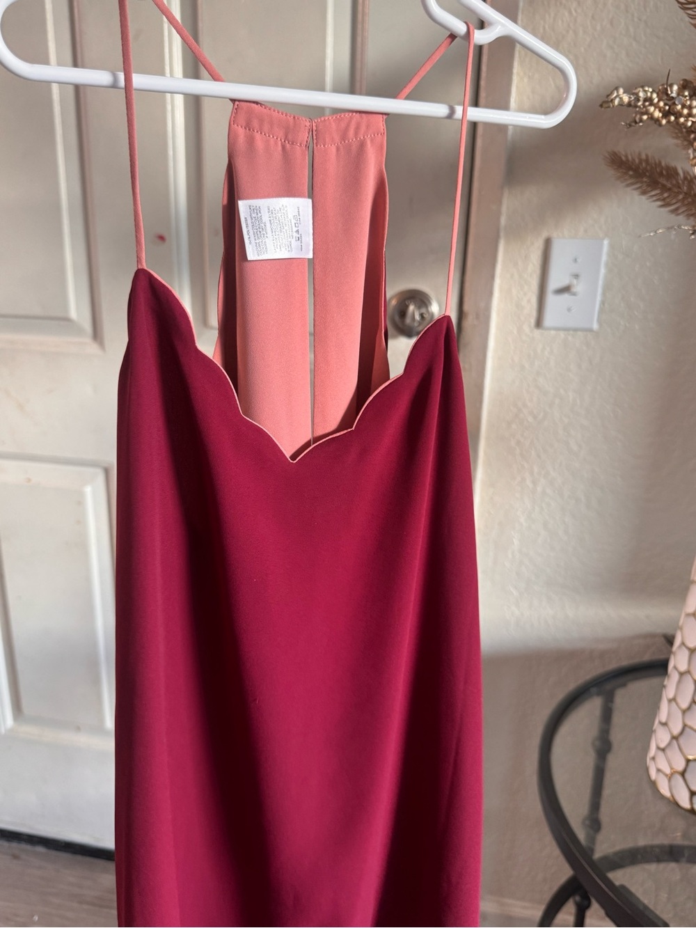 Express Strapless Two-Tone Scallop Dress in Burgundy and Peach